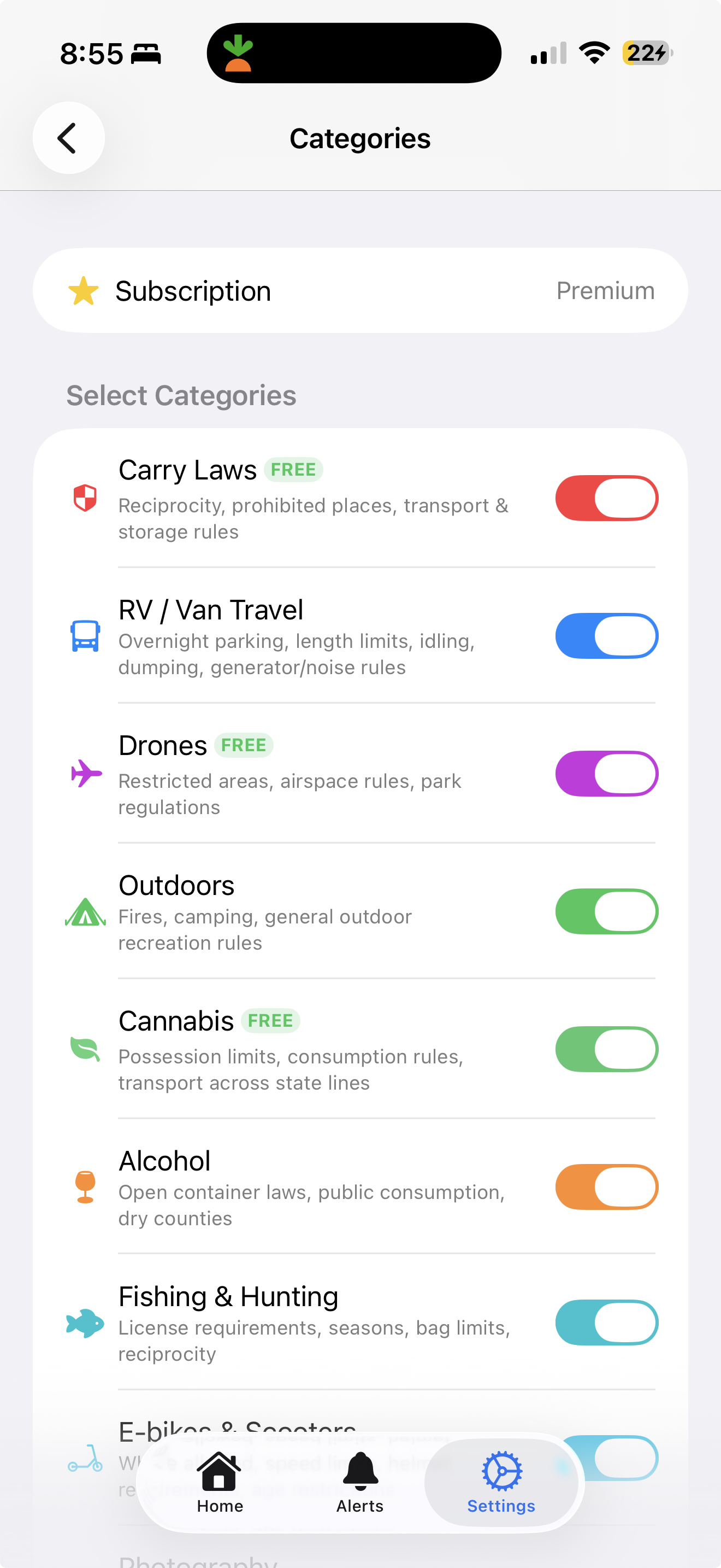 Category selection screen showing 16 rule categories including Carry Laws, Cannabis, Drones, and more