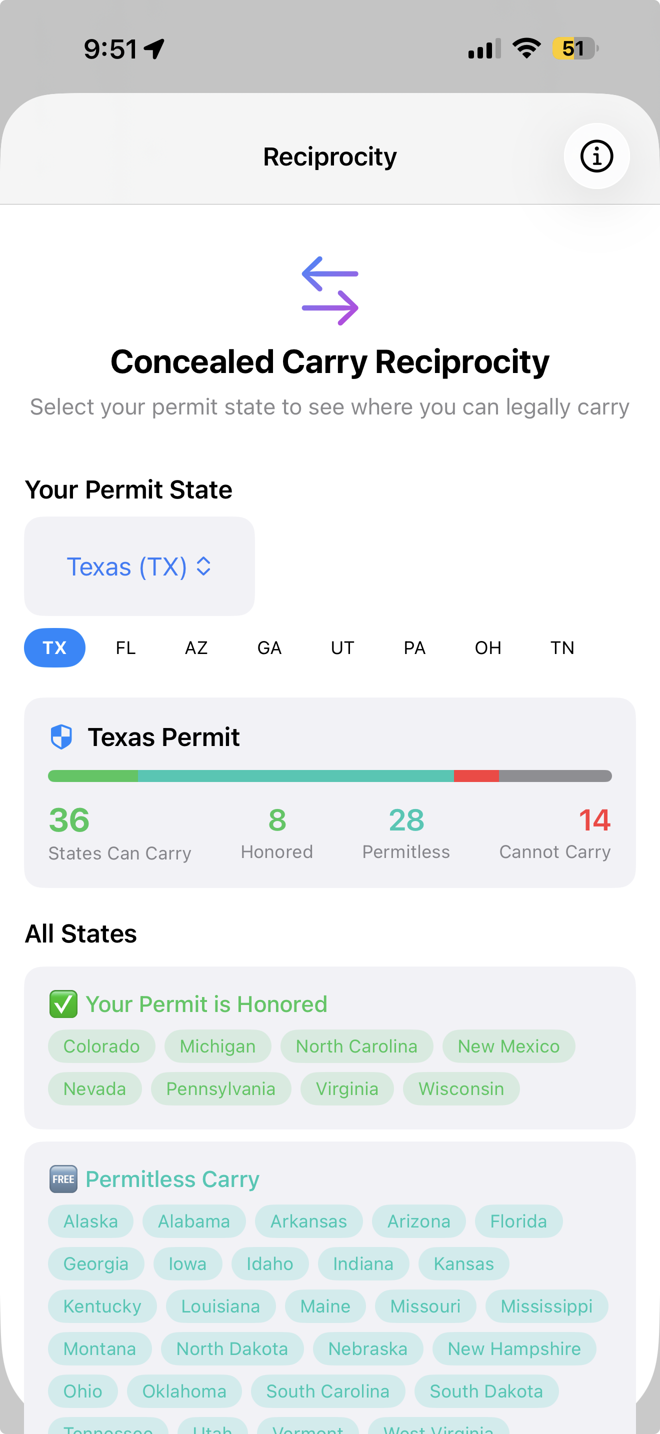 CCW Reciprocity Map showing which states honor your carry permit with color-coded status indicators