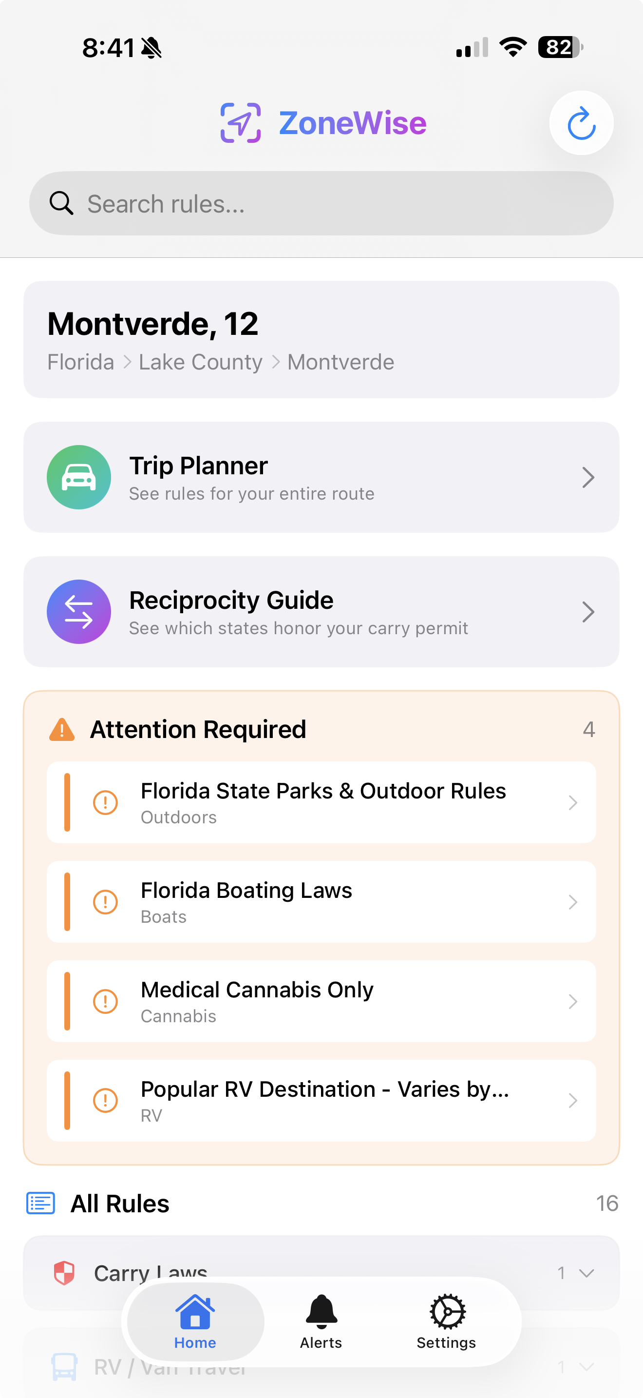 ZoneWise app showing local rules for Montverde, Florida including carry laws, outdoor rules, and cannabis regulations