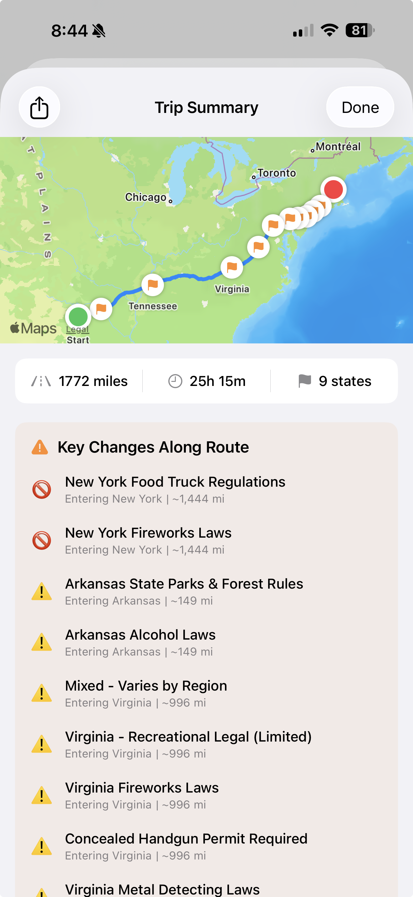 Trip Planner showing a route from Texas to New York with rule changes at each state line